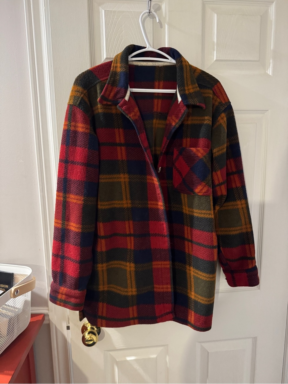 Plaid Fleece Shacket/Button Up Top in Red with Navy, yellow, and green